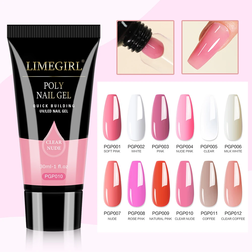 Nail Gel LIMEGIRL 30ml Nail Extension Gel Glitter Soak Off Acrylic Crystal Build Poly UV Gel for Nails Quick Extension Manicure Glue