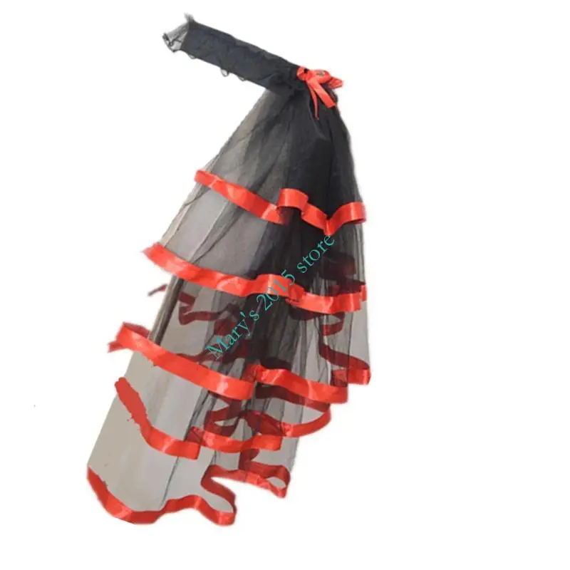 E15F Women's Elastic Waist Layered Long Tulle Skirt Ruffled Mesh Overskirt For Stage Performances Game Wear