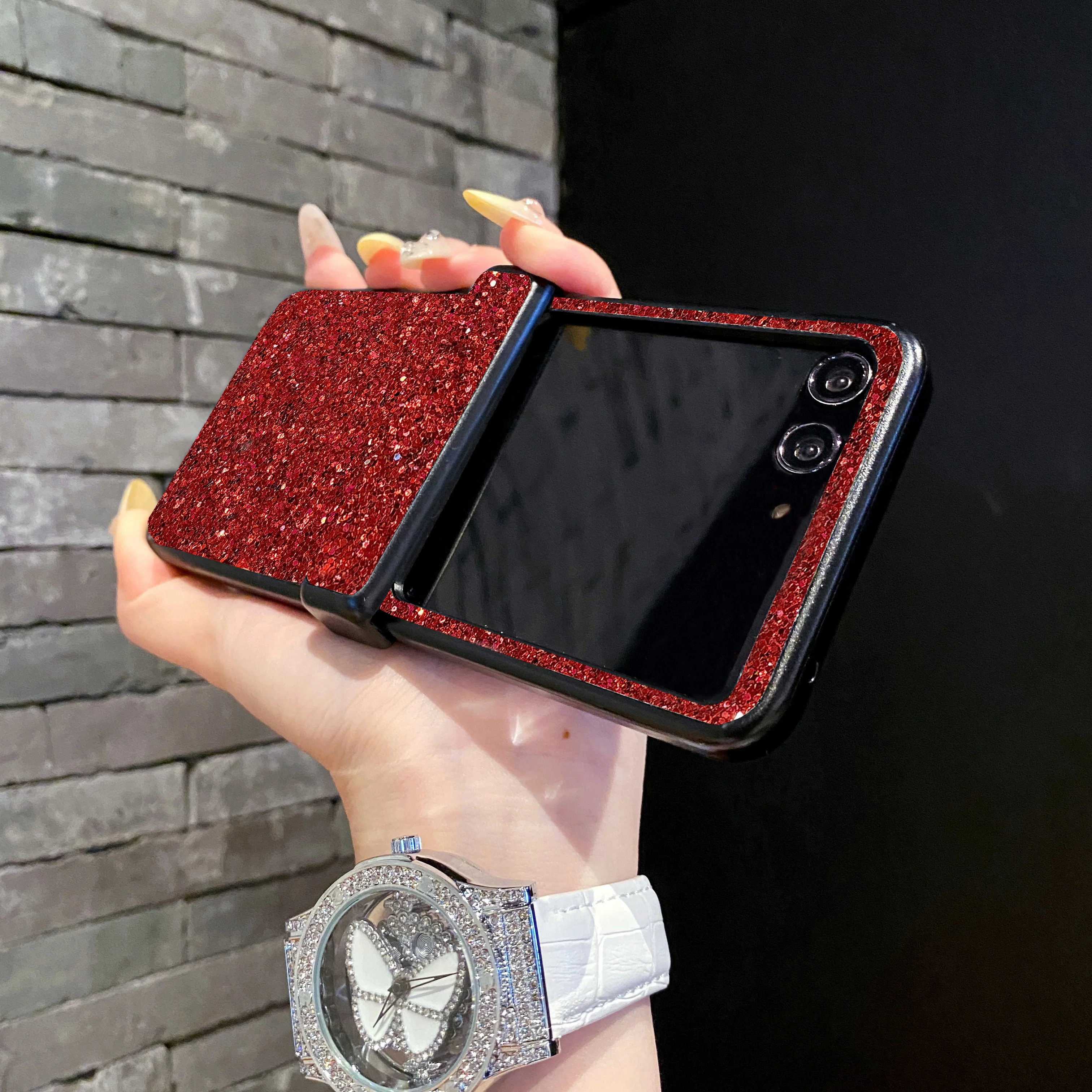 Sparkling Rhinestones Glitter Leather Phone Case with Shiny Hard PC Cover