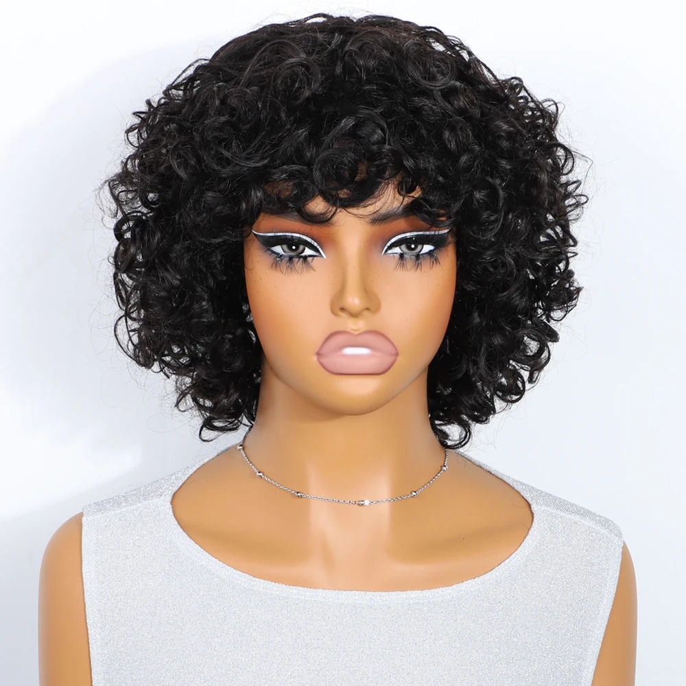Lekker 여성용 짧은 곱슬 밥 100% 인모 가발, 앞머리 포함, 브라질 레미 헤어, 자연스러운 다크 풀 머신, 컬러 가발