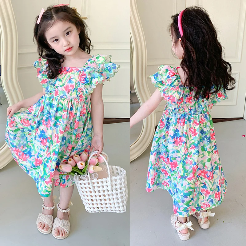 Girls Dress Summer Kid Foral Print Ruffles Square Neck Princess Style Fashion Casual Breathable Picnic Costume girls dress princess costume kids clothes
