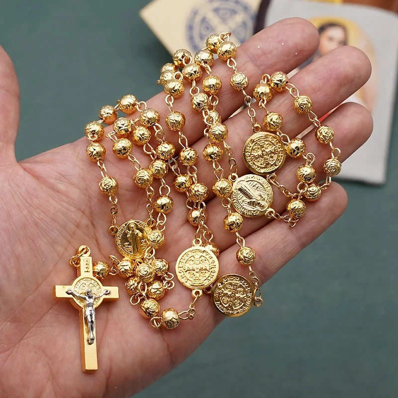 

Benedictine Golden Rose Bead Rosary Benedict Exorcism Medal Jesus Cross Pendant Necklace Catholic Christian Religious Jewelry