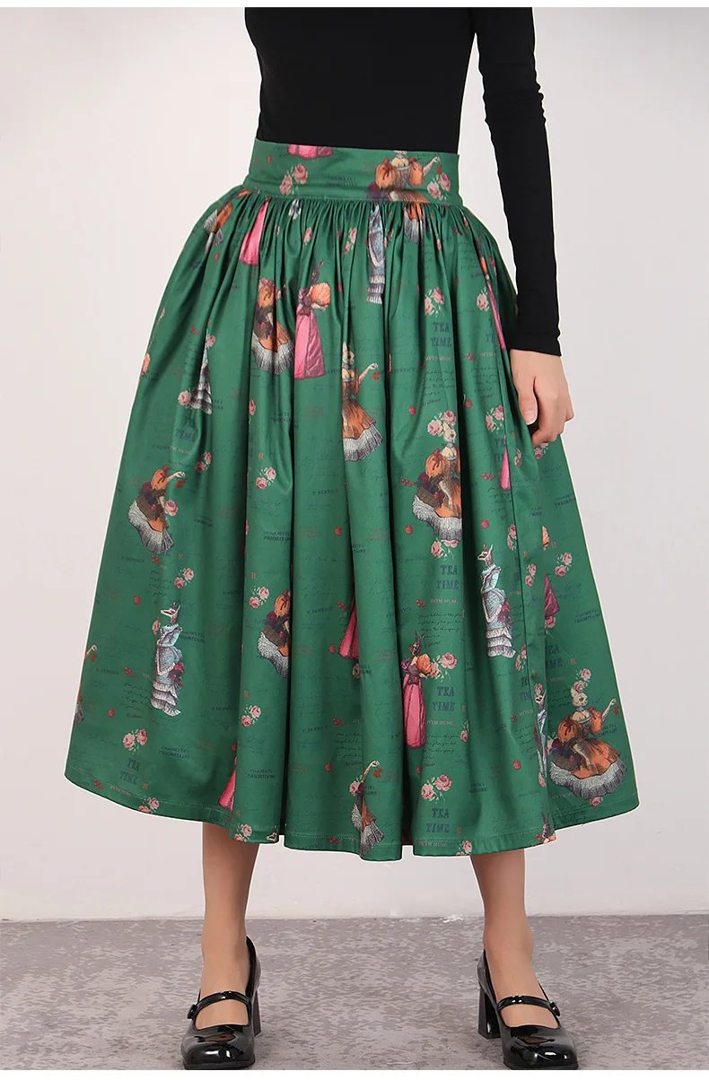 

Women's Runway Fashion Spring Autumn Designer Green Print Skirt Female Winter High Waist A-line Skirt TB2954