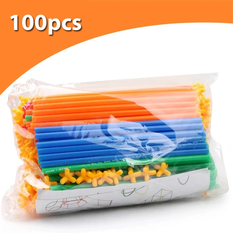 100pcs Straw Constructor Toys Straws and Connectors Building Blocks Stitching Inserted Tube Blocks Educational Toy for Kids