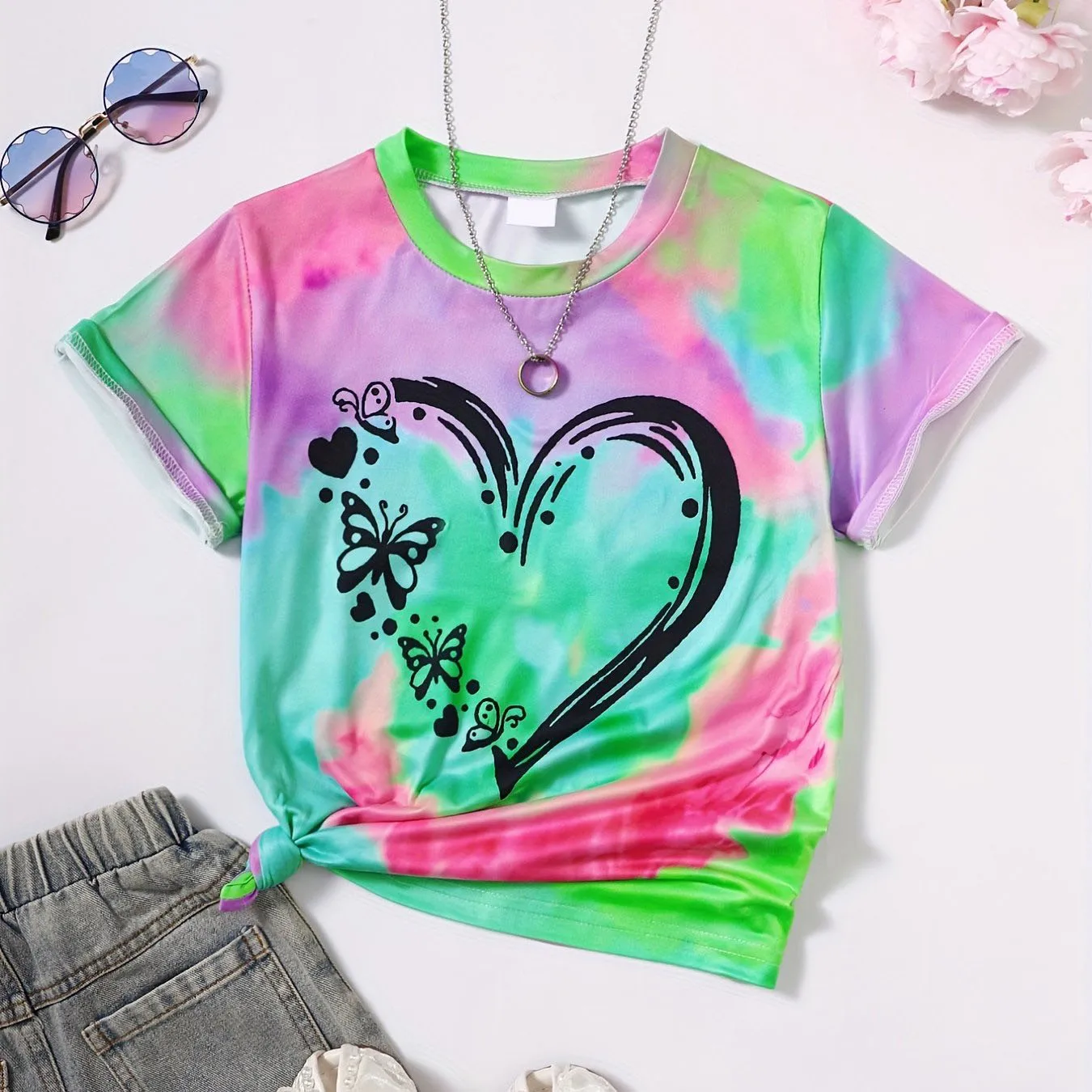 Girl Clothes Child T-Shirt Short Sleeve Heart Print Tie Dye Girl T-Shirt Top Casual Tees Kids Summer Clothes Children's Clothing 3