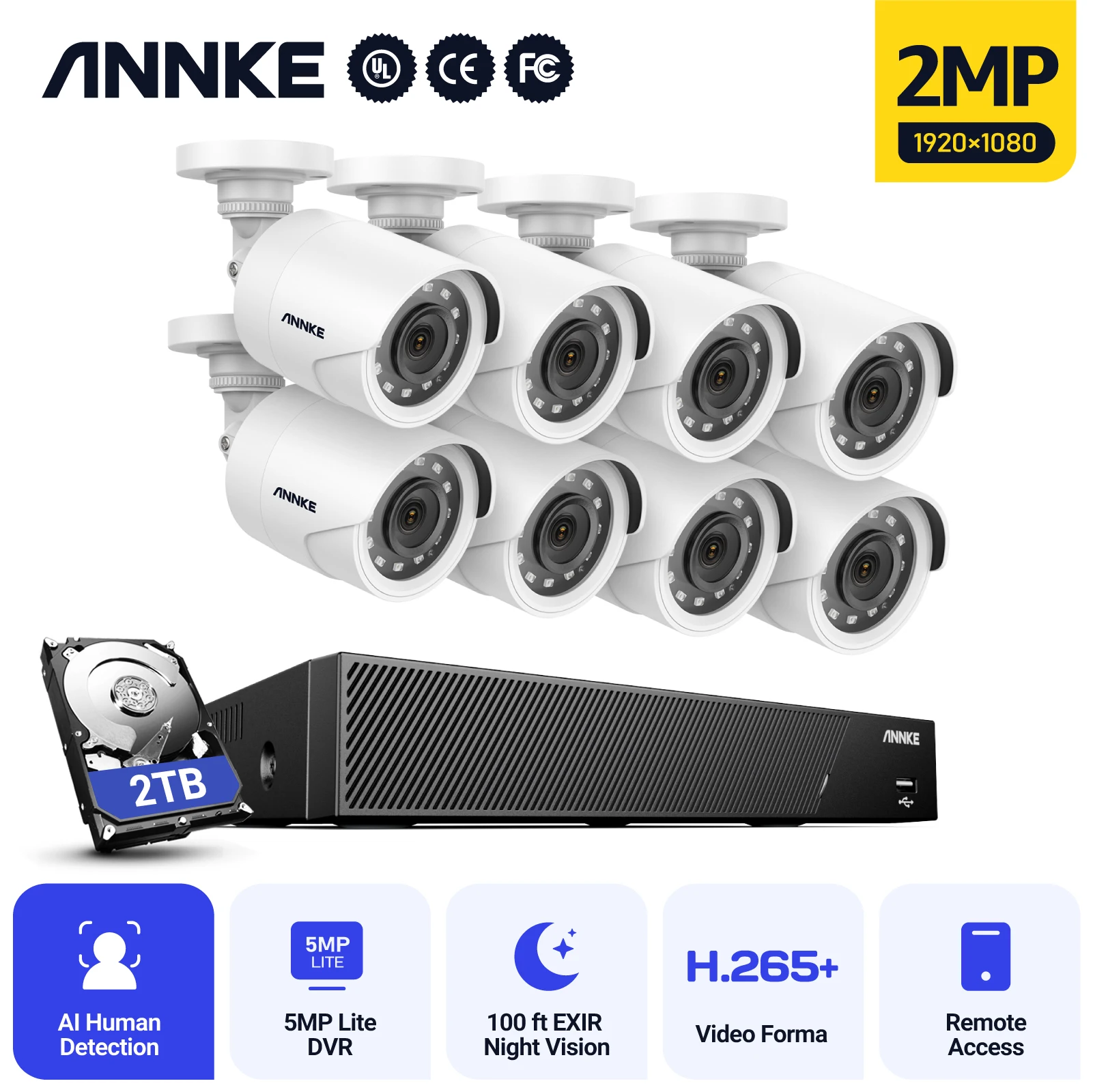 Annke 8Ch 5Mp Dvr Sistema Di Sorveglianza Cctv 4/8Pcs 1080P 2.0Mp Telecamere Di Sicurezza Ir Outdoor Ip66 Kit Telecamera Di Videosorveglianza