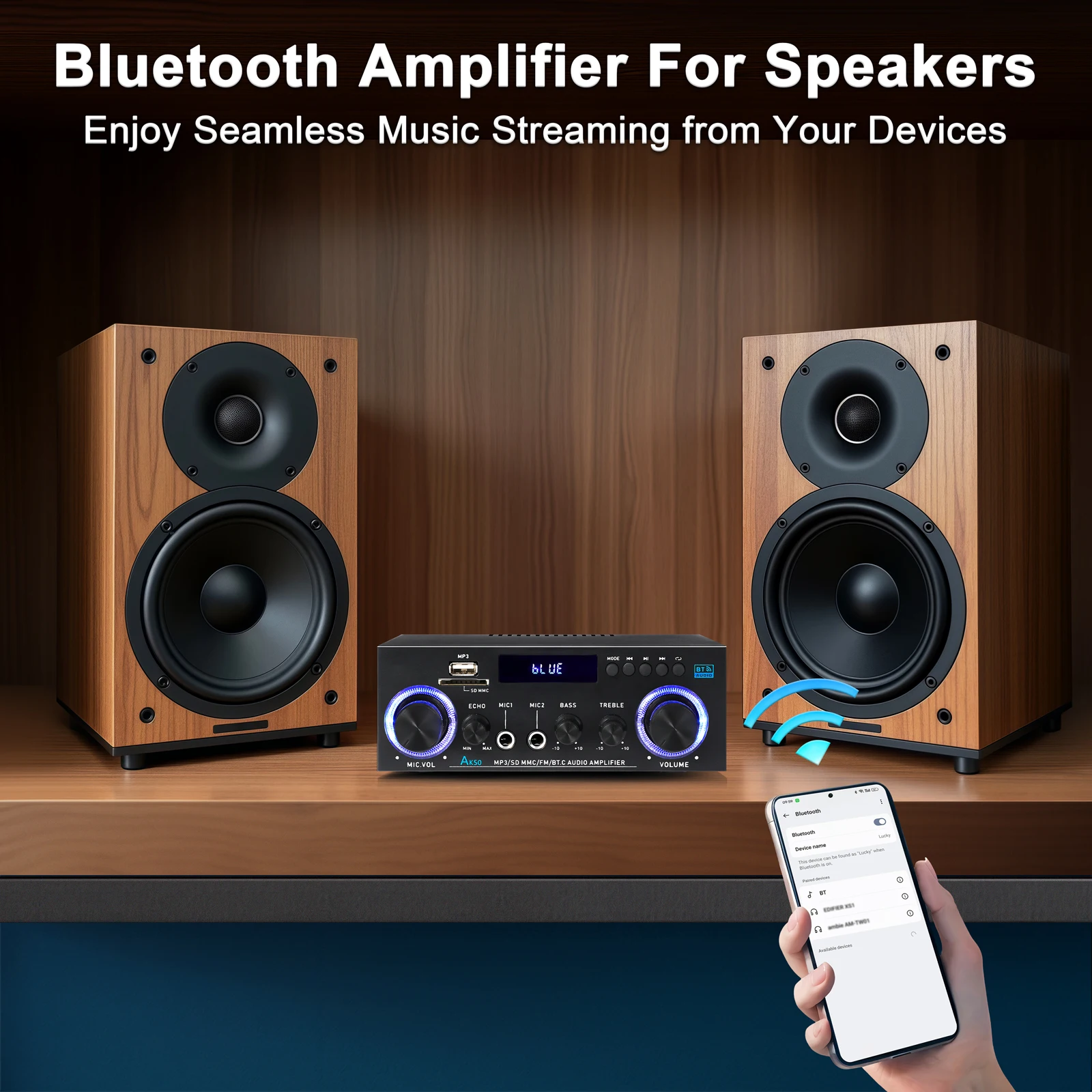 AK50 HiFi Digital Amplifier Channel 2.0 Bluetooth Surround Sound AMP Max Power 8