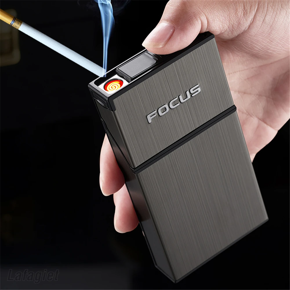 

Slim Cigarette Holder with USB Rechargeable Lighter, Metal Box, Fine Smoke, Gift for Men, 20Pcs Capacity, 100mm