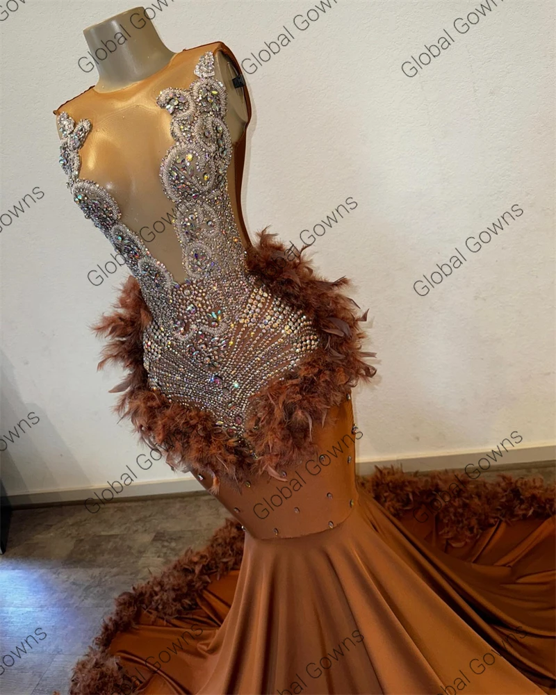 O Neck Long Prom Dress Black Girls Beaded Crystal Rhinestone Birthday Party Dresses Feathers Sequin Evening Gowns women prom dresses