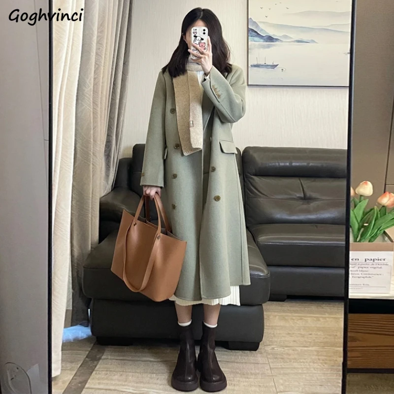 

Korean Style Long Coats Woolen Blends Women Double Breasted Elegant Classic Feminine Trendy Street Winter Outerwear Simple Pure