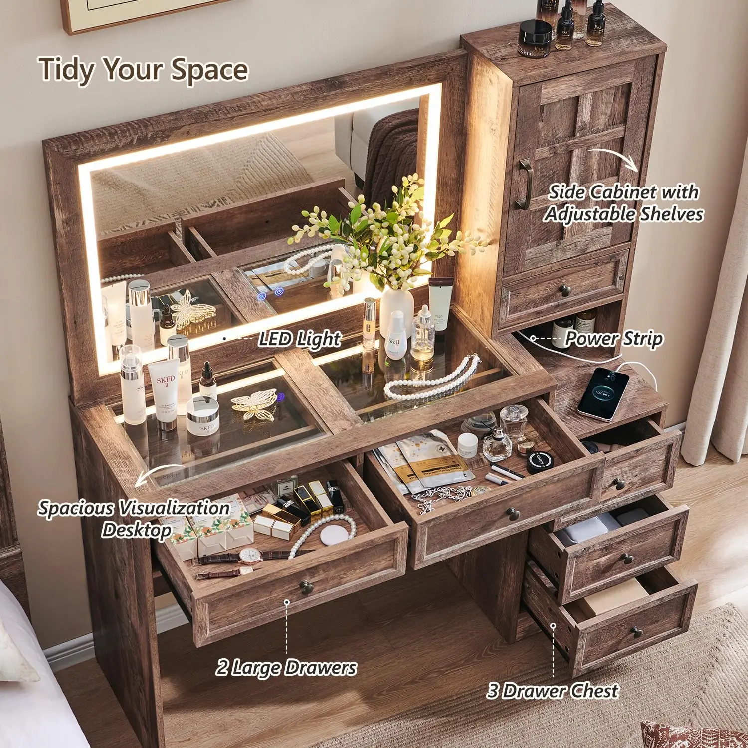Rustic Vanity Desk with LED Mirror 6
