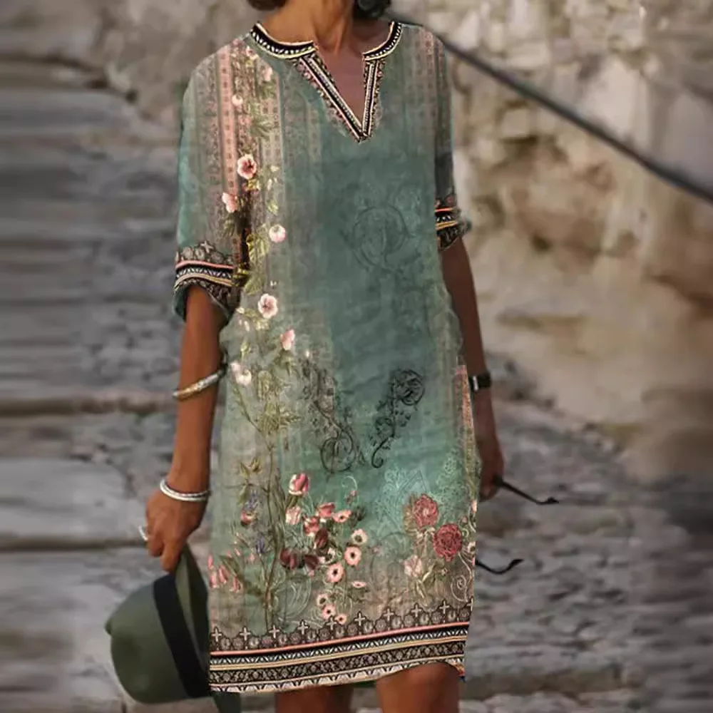 

Spring/Summer Women's Loose Dresses 2024 Elegant Ethnic Style Buddy Flower Print Retro Casual V-neck Dress Lady Robe S-5XL
