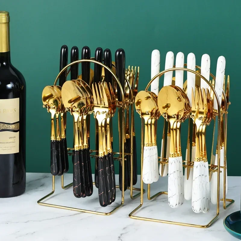 

With Steel Handle And Box Tableware Fork Stainless Gift Gold Knife, Spoon Plated Set Ceramic 24-piece