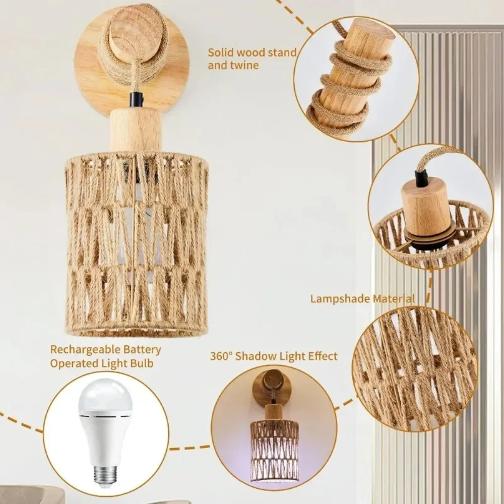1/2/5Pcs Hemp Rope Design Bedhead Wall Lamp Cylindrical Shaped Wall Light Bedroom Farmhouse Countryside Decor Lighting Lampshade