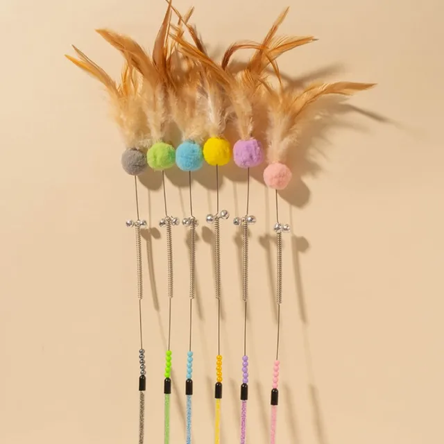 Cat Toys Feather Cat Stick Bite Resistant Steel Wire Spring Feather Interactive Cats Toy with Bell Wool Ball Kitten Toy Sticks 2