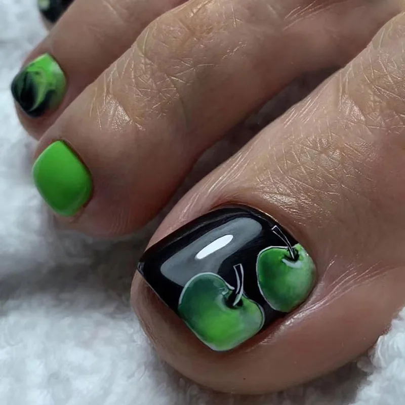 Fresh Green Apple Design Toe Full Cover Finito Unghie Finte Estate Indossabile Breve Forma Piatta Unghie Finte Artificiali Con Colla
