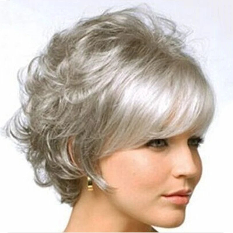 HAIRJOY Women Synthetic Hair Short Layered Curly Puffy Bangs Silver Grey Wig Machine Made synthetic topper with bangs s curly 3d french banks women s hairpiece clip in extension for hair volume non remy machine