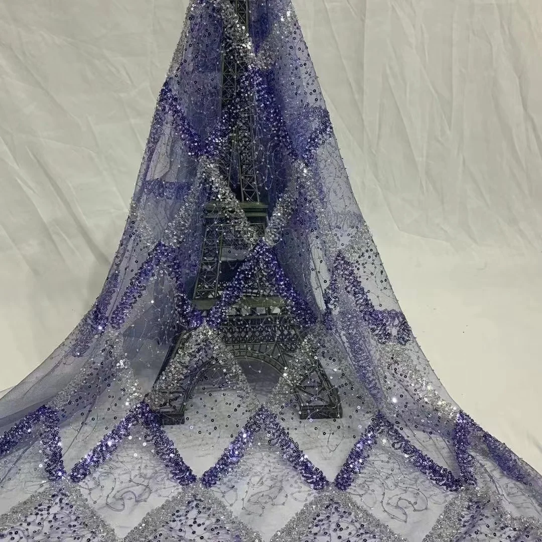 

African Lace Fabric Purple Sequins Embroidery Nigerian Lace Bridal High Quality French Tulle Lace Fabric For Wedding 5 yards