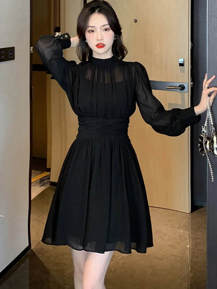 

Women Korean Vintage Hepburn Dress 2024 Black Chiffon Long Sleeve Midi Dress Spring Summer Elegant Luxury Party Evening Dresses