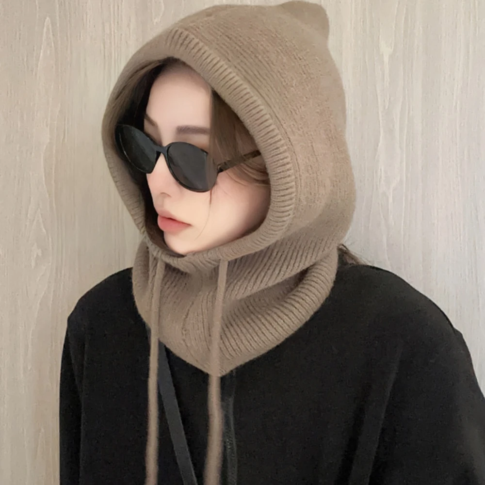2024 Knitted Balaclava Hats Neck Ring Snood Ear Protection Beanies Men Women Hooded Caps Unisex Warm Drawstring 1Pcs Solid Color 6
