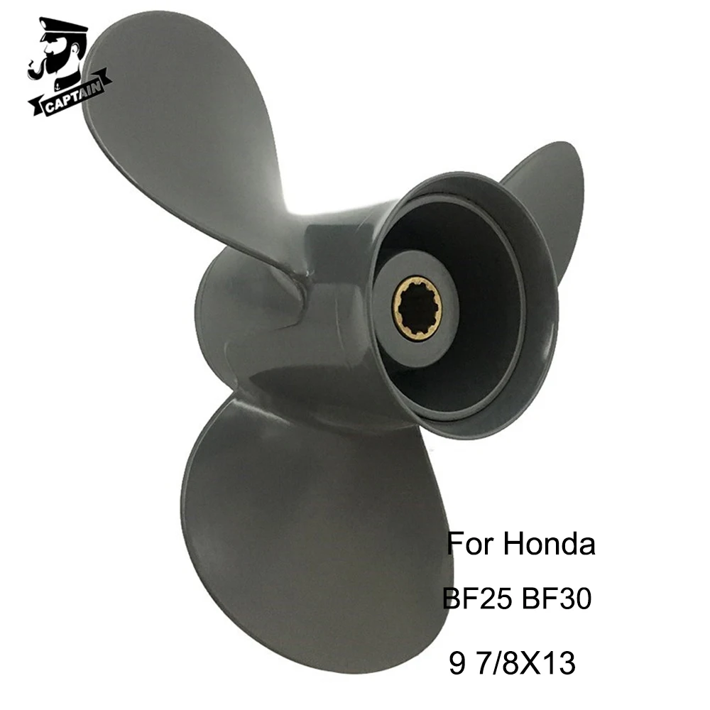 Captain Aluminum Outboard Propeller 9 7/8X13 Fit Honda Engine  BF25 BF30 10 Tooth Spline RH 3 Blades 58130-ZW2-F41ZA captain boat outboard propeller 7 1 4x4 3 4 fit honda engine 2hp 2 3hp bf2 bf2 3hp nh283 stin gray honda propeller 3 blades