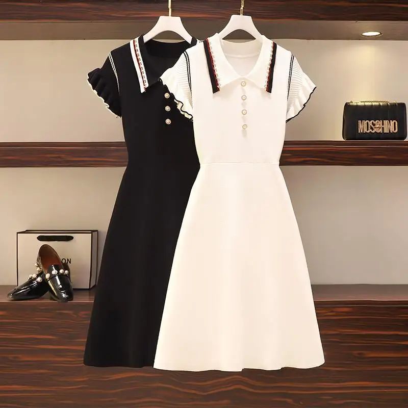 2022 Spring Summer Knit Polo Dress Woman Black White Casual Knee-length Straight  Dress Female Ruffles Sleeves A-Line Knit Dress - AliExpress