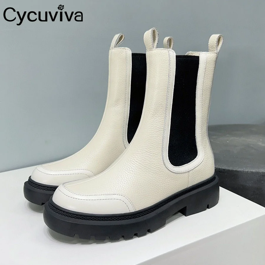 

Genuine Leather Mid Calf Chelsea Boots Women Slip On Round Toe Thick Sole Short Boots Winter Casual Party Motorcycle Boots Women