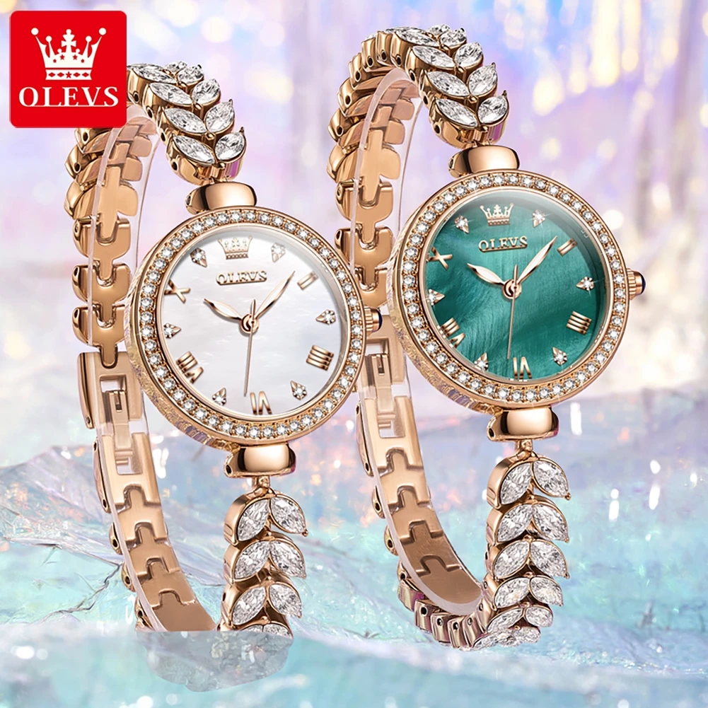 OLEVS Fashion Rose Gold Green Quartz Watch for Women Luxury Crystal Diamond Bracelet Waterproof Womens Watches Montre Femme