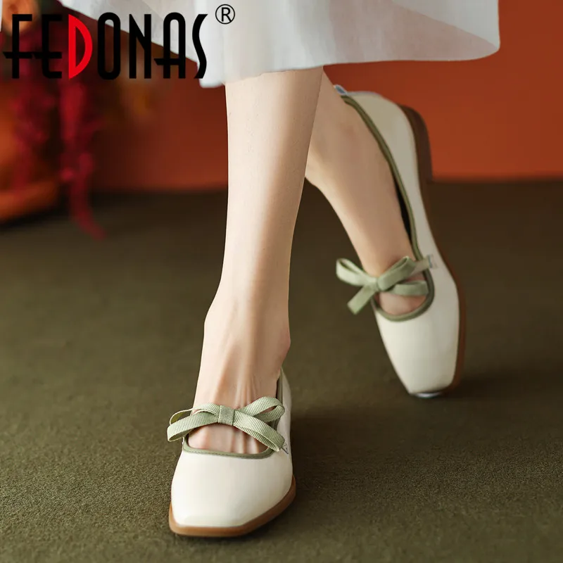 

FEDONAS Women Pumps Genuine Leather Low Heels Narrow Band Fashion Concise Butterfly-Knot Spring Summer Casual Office Shoes Woman