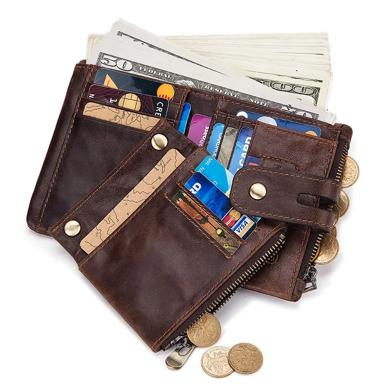 KAVIS RFID Genuine Cowhide Leather Wallet With Coin Pocket For Men Money Card Holder Purse Short Casual Zipper Bifold 3