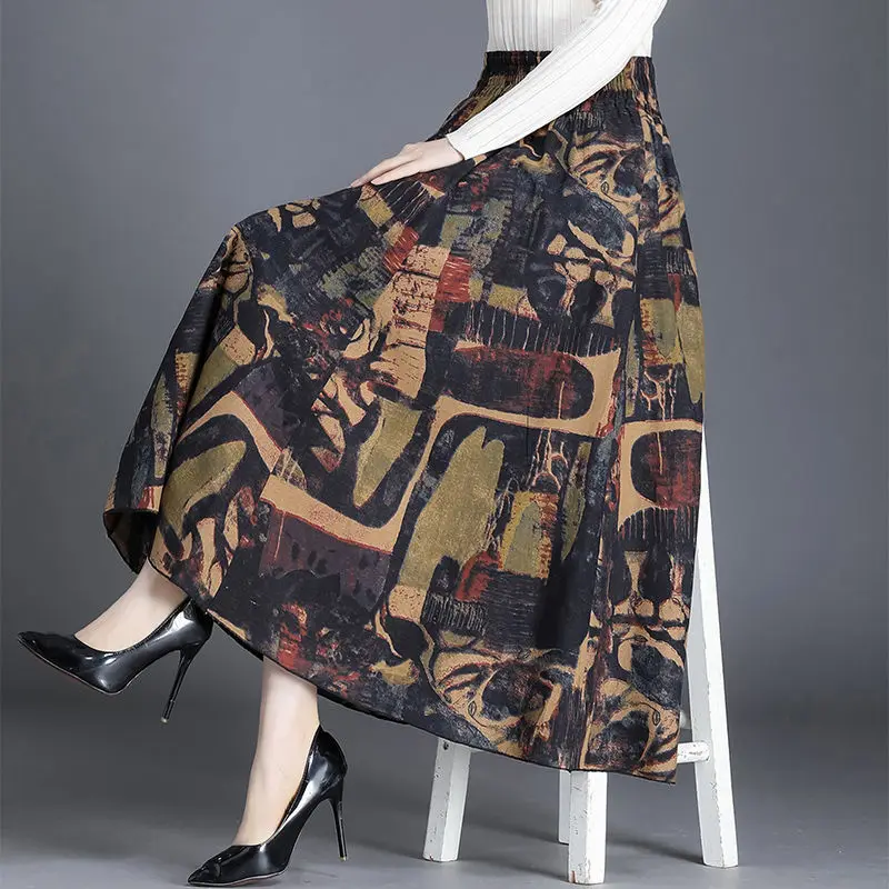 Cotton Linen Skirt 2022 Spring Autumn New Double-layer High Waist Large Swing A-line Skirt Women Retro Broken Flowers Show Thin black pencil skirt Skirts