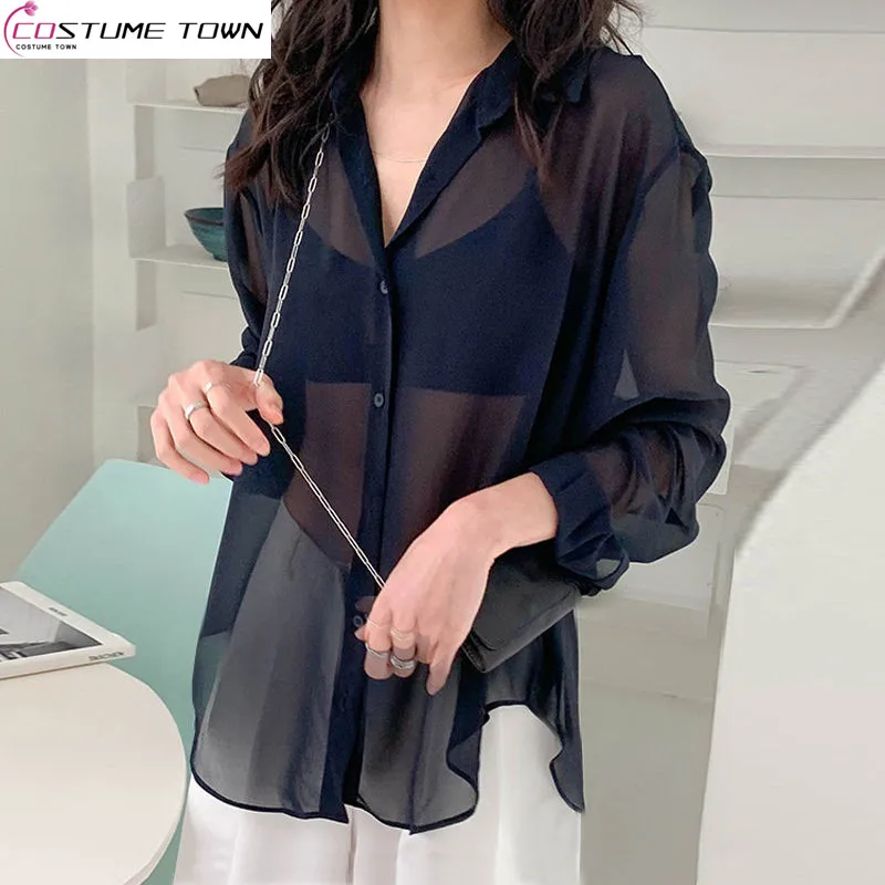 Versatile Ice Silk Sunscreen Clothes for Women in Spring and Summer 2023 New Black Chiffon Sunscreen Shirt Loose Thin Cardigan