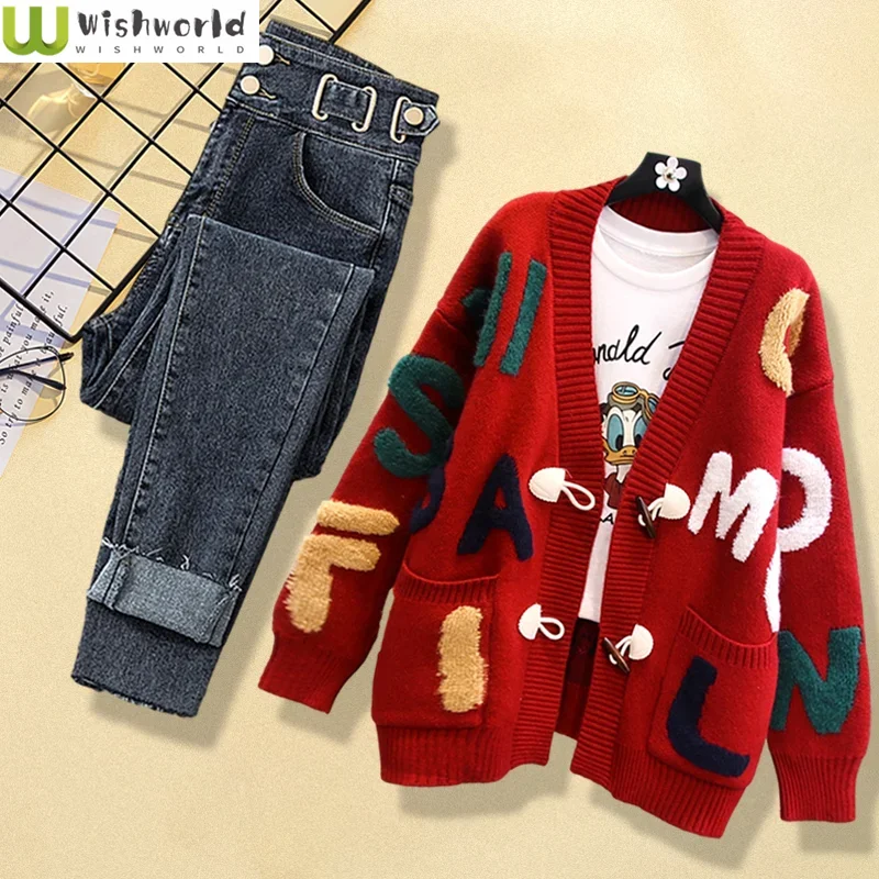 Fashion Autumn/Winter Set Women's 2023 New Korean Edition Lazy Style Knitted Cardigan Coat Slim Jeans Two Piece Set 2022 autumn and winter round neck sweater men s ins tidal brand hong kong wind wild loose knitted youth couple lazy sweater