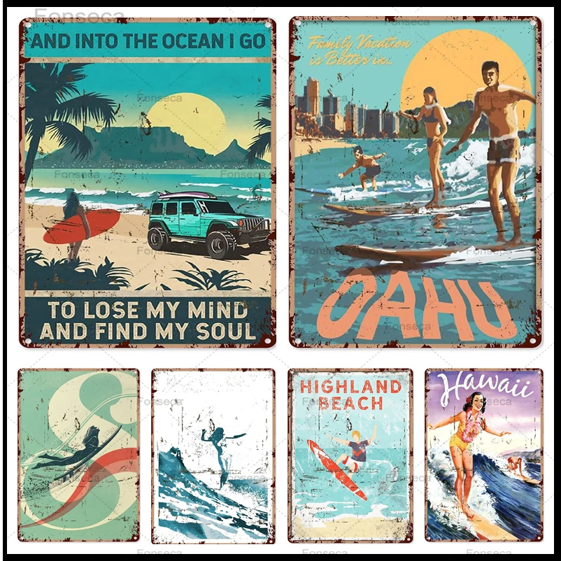 

Surfing Vintage Tin Sign Into The Ocean I Go To Lose My Mind and Find My Soul Funny Retro Art Metal Sign Home Decor Wall Artwork