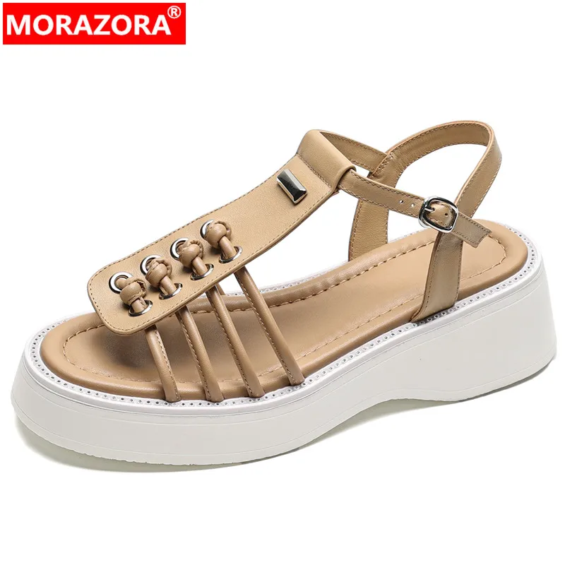 

MORAZORA 2023 New Genuine Leather Buckle Platform Women's Sandals Square Med Heels Summer Sandals Concise Ladies Casual Shoes