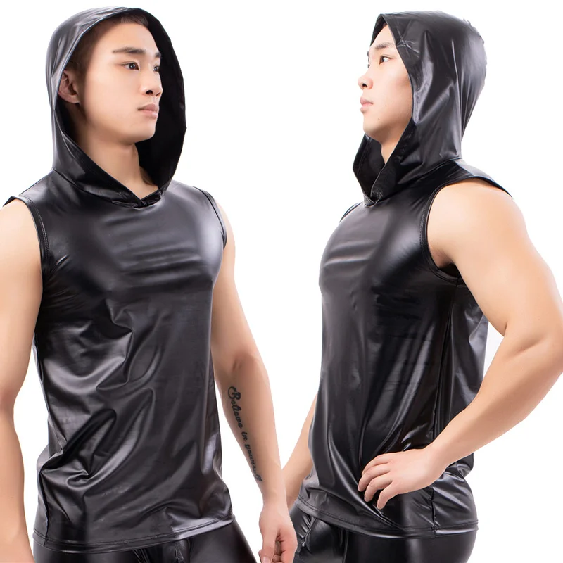 Mens PU Leather Undershirts Sleeveless T Shirts Hooded Tops Male Black Tank Tops Nightclub Stage Club Sexy Vests Men Clothes New