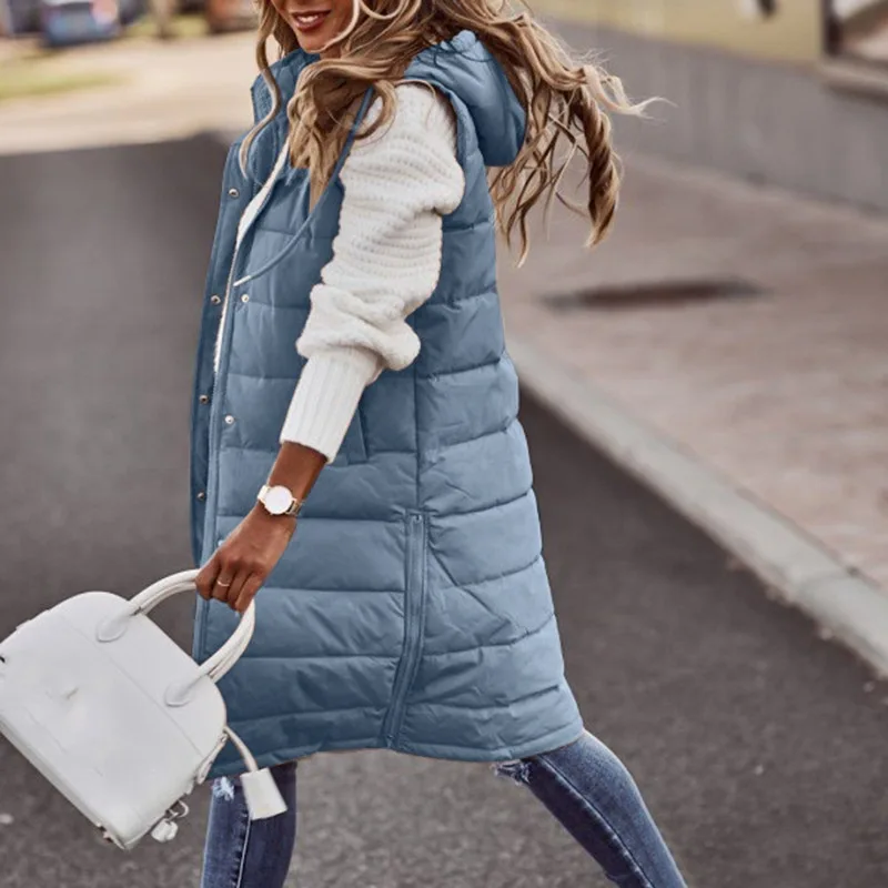 Women's Long Winter Coat Vest Parka Warm Hooded Sleeveless Down Coat With Pockets Quilted Vest Jacket Casual Outdoor Jacket Feme dimi warm coat plus size long hooded clothes loose jacket color quilted jacket bread down parka women winter hooded