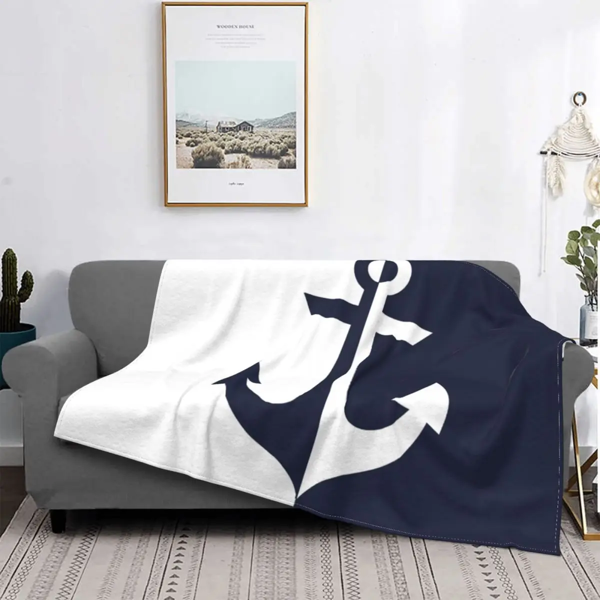 

Nautical White And Navy Blue Anchor Blanket Fleece Spring/Autumn Ultra-Soft Throw Blanket for Home Office Plush Thin Quilt