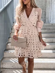 Long Sleeve V-Neck Sexy Solid Party Dress Women Hollow Out Loungewear Spring Autumn 2022 Sweet Patchwork Ladies Dress Streetwear