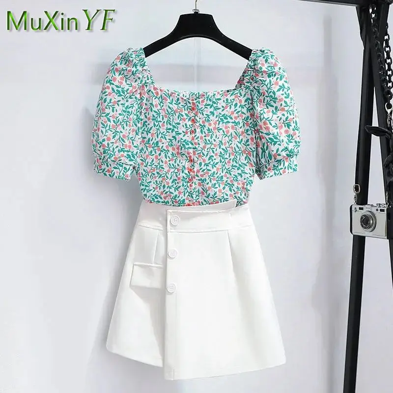 Women's Summer Floral Chiffon Shirt Top Short Skirt Two Piece Korean Elegant Square Neck Short Sleeve Blouse Midi Skirts Suit fox fur collar winter real fur scarf for coat short scarves natural fur scarf for women genuine square collar short muffler