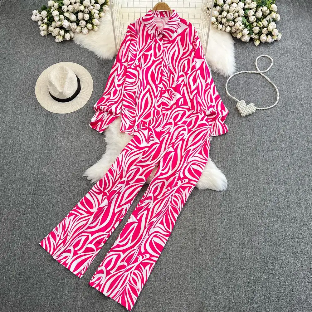 

Elegant Women Fashion Print Casual Pantsuit Vintage Loose Shirts Blouses and Wide-Leg Pants 2 Pieces Set Female Chic Outfits