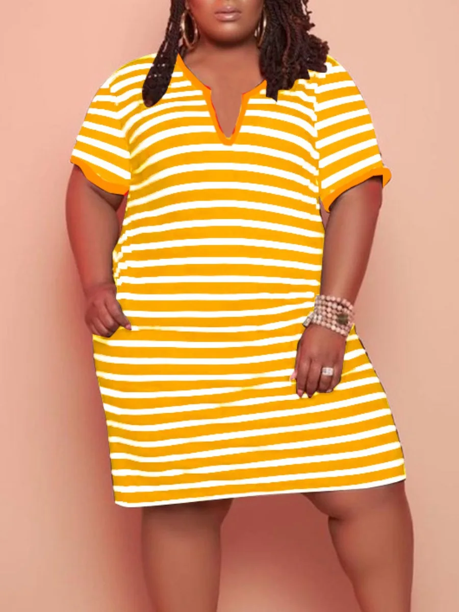 

LW Plus Size dresses V Neck Striped Pocket Design Dress summer short sleeve midi dress vestido loose casual women clothing dress