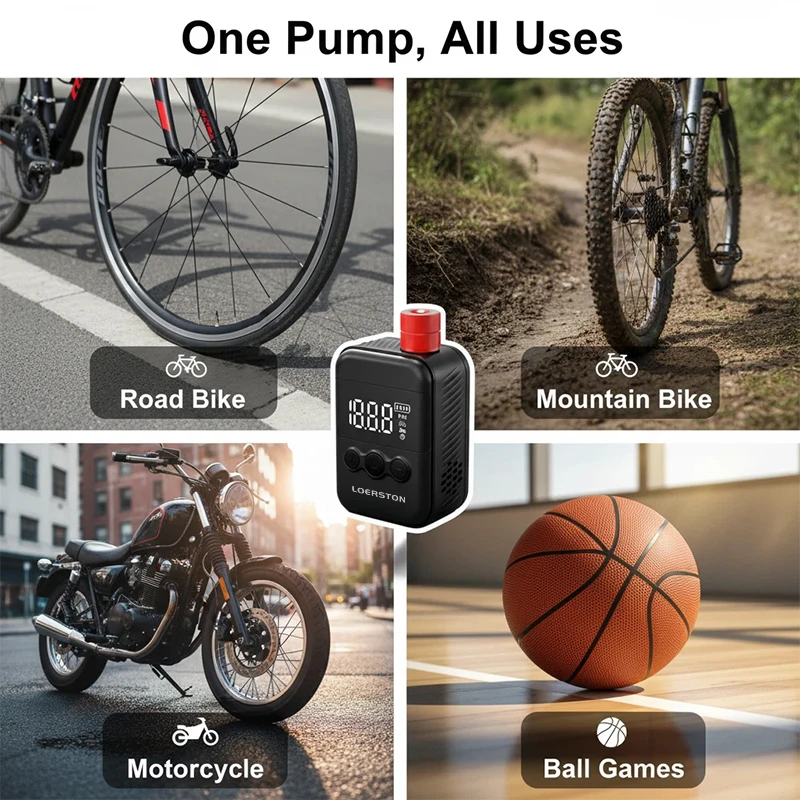 LOERSTON Portable Electric Bike Pump USB Rechargeable Digital Gauge with Presta/Schrader Valves for Bicycles Motorcycle