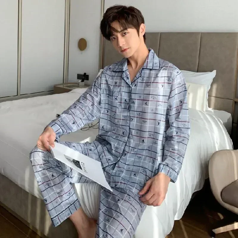 

Pajamas Men Suits Print Men's Pijamas cotton for Autumn Trousers And Spring Homewear Sleepwear Check pj Long-sleeved