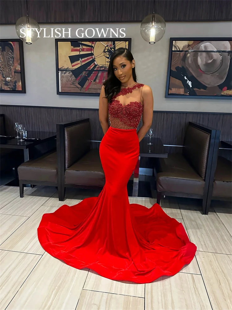 

Red Velvet One Shoulder Evening Dresses For Black Girls Appliques Birthday Beaded Party Gowns Long Prom Dresses Mermaid
