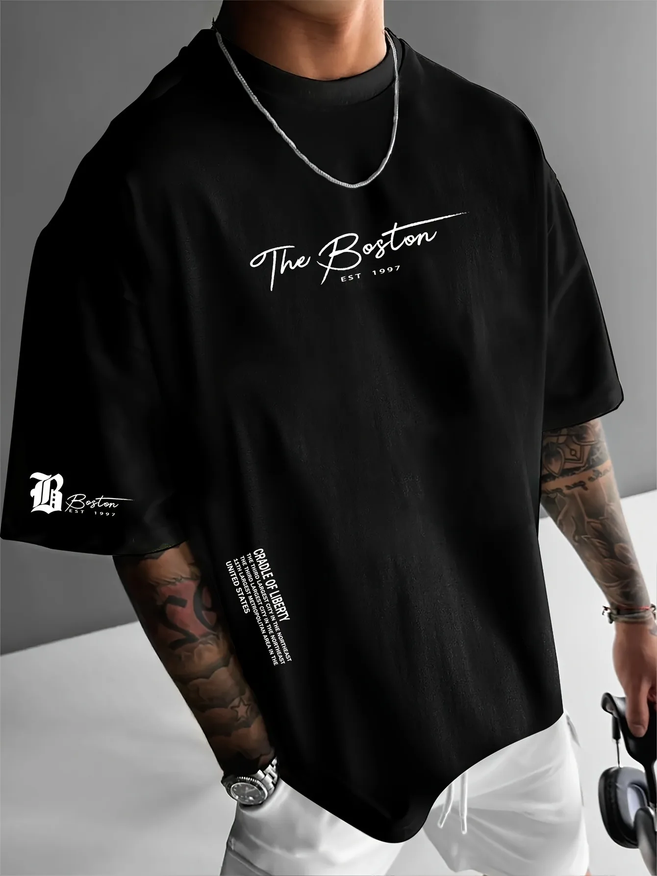 Men's Casual Fashion Kid T-Shirt 3D Print, Boston Slogan Letter, Crew Neck Pullover Polyester Summer Daily Outdoor Sports Casual