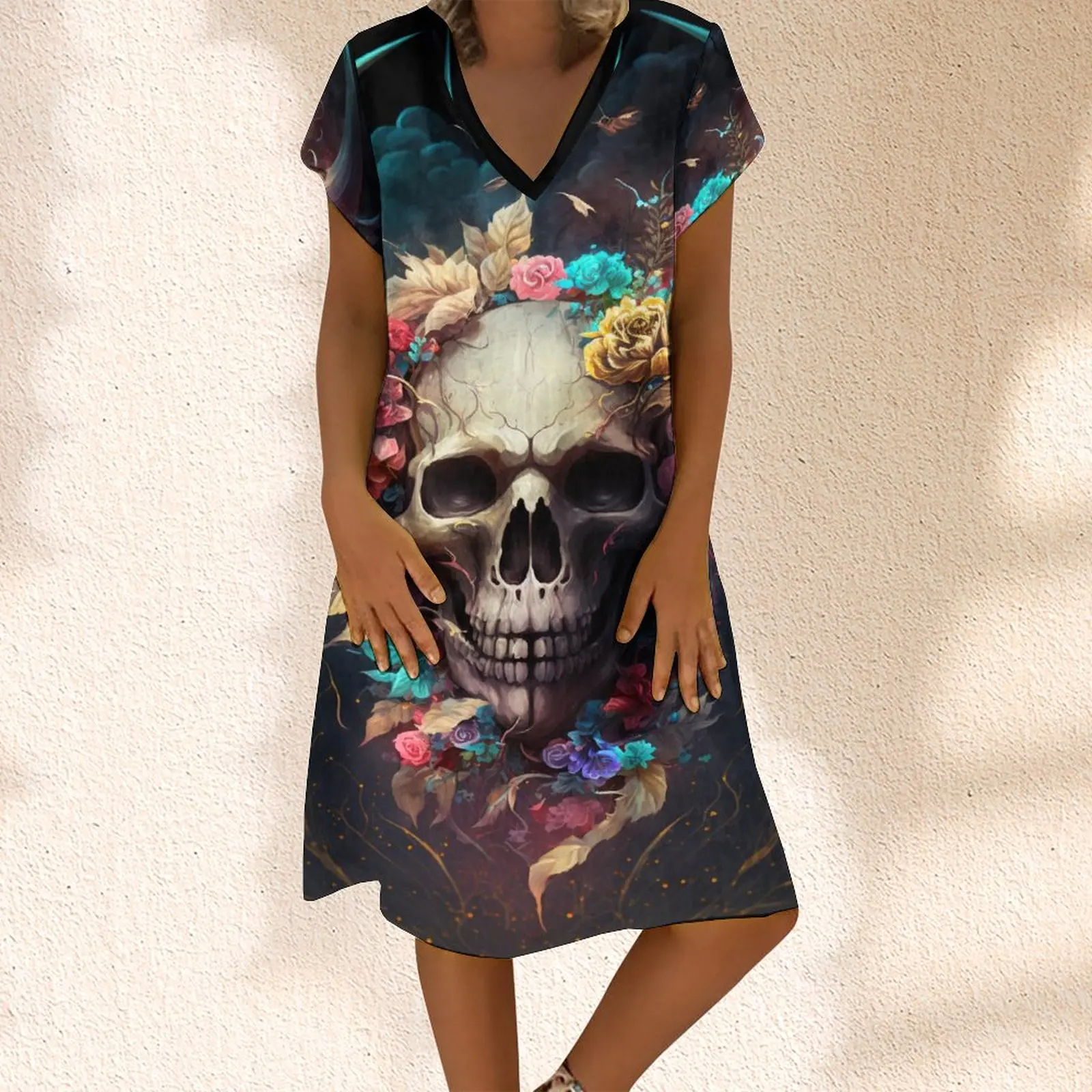 

Round Neck Women's Casual Dress Many Skulls Colorful Flowers Butterflies