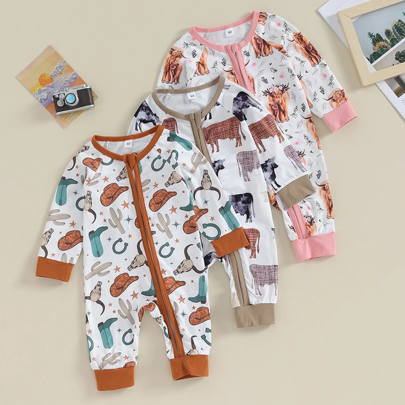 FOCUSNORM 0-12M Autumn Infant Baby Boys Girls Western Jumpsuits 3 Style Cow Head Floral Print Long Sleeve Zipper Romper infant romper
