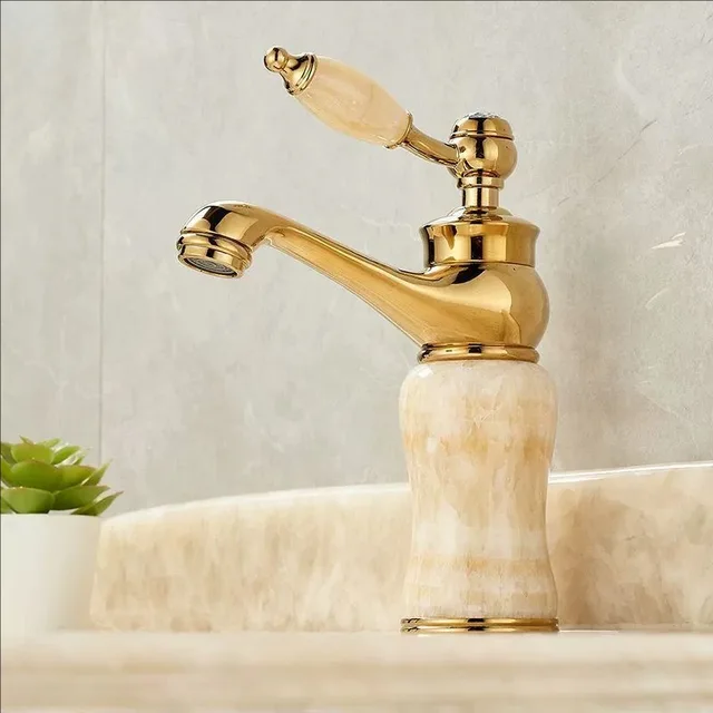 ก๊อกน้ำอ่างล้างหน้าห้องน้ำหรูหราสีโรสโกลด์ ก๊อกผสมอ่างล้างหน้าแบบก้านโยกเดี่ยวหยก ก๊อกน้ำทองเหลือง ก๊อกอ่างล้างหน้าหยกธรรมชาติ 1