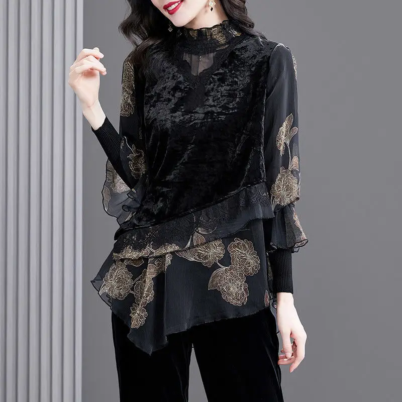 Elegant Vintage Ruffled Print Fake Two Pieces Chiffon Shirt Woman 2022 Spring New Lace Flannel Patchwork Loose Oversized Blouse